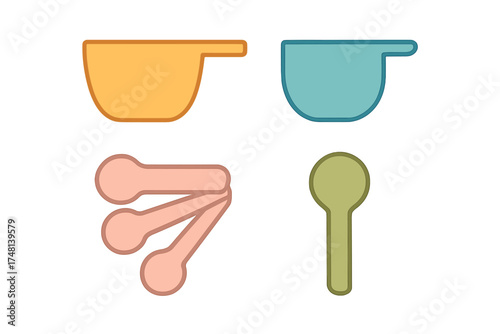Colorful set of measuring cups and spoons for cooking and baking ingredients
