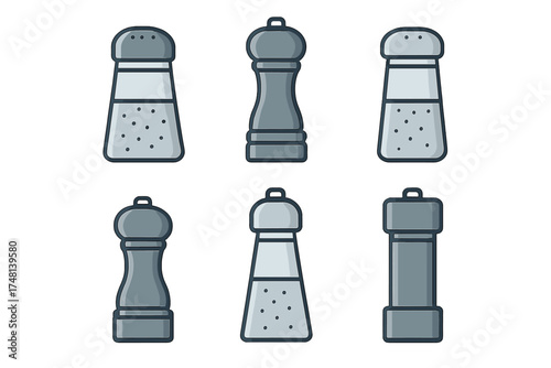 Collection of kitchen seasoning dispensers including classic shakers and modern pepper mills icon set