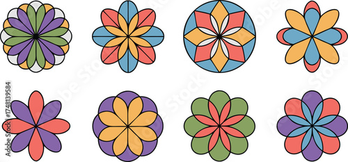 Collection of Eight Geometric Style Abstract Floral Decorative Ornaments Featuring Vibrant Colors and Symmetrical Patterns