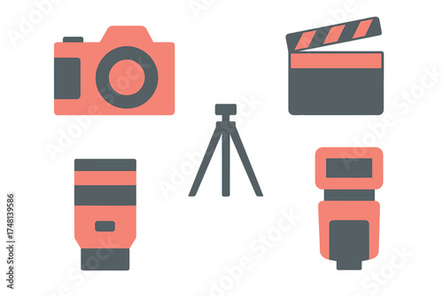 Collection of essential photography and videography production tools and equipment icons