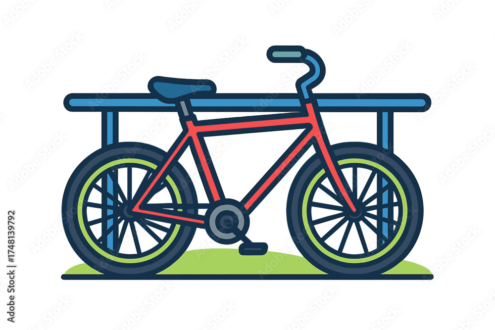 Fototapeta premium Colorful parked bicycle with red frame and blue accents against a bike rack