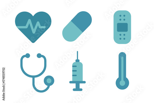 Medical and healthcare symbols including stethoscope, syringe, thermometer, capsule, and adhesive bandage