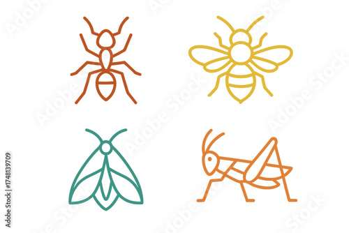 Set of colorful outline symbols featuring common insects: ant, bee, moth, and grasshopper