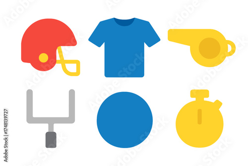 American football helmet, goalpost, whistle, and stopwatch flat design symbols