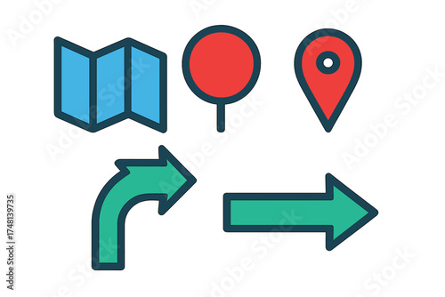Colorful navigation and direction symbols set with map, location pins, and arrows