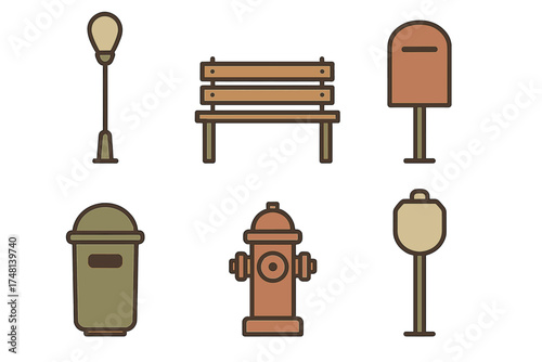 Public park and street furniture symbols: bench, lamp post, fire hydrant, mailbox, and trash bin