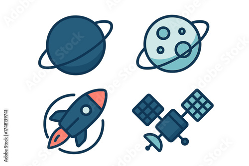 Space exploration symbols set with planets, launching rocket ship, and orbiting satellite