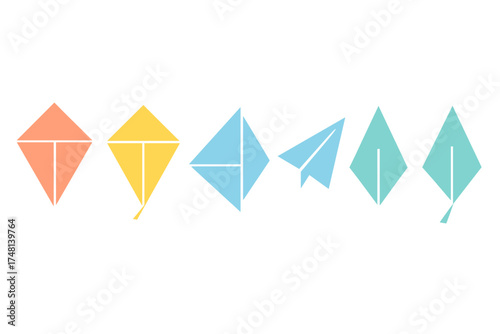 Row of simple geometric shapes resembling kites, paper airplane, and abstract diamonds