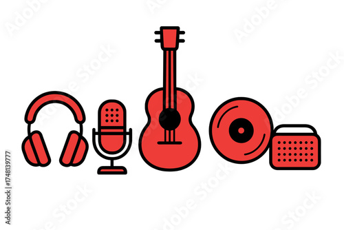 Bold red and black icons representing music instruments and audio recording equipment
