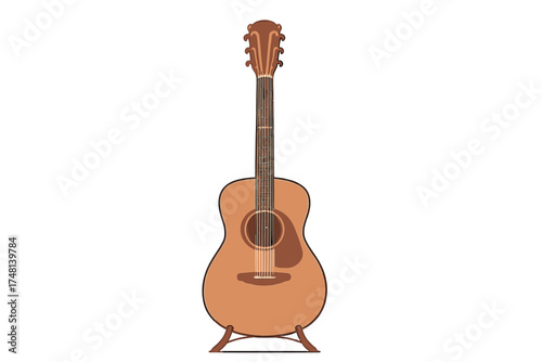 Classic wooden acoustic guitar resting on a floor stand ready for a concert