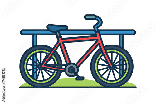 Colorful parked bicycle with red frame and blue accents against a bike rack