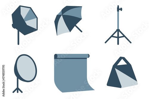 Professional photographic studio gear set including softbox umbrella stand reflector and backdrop