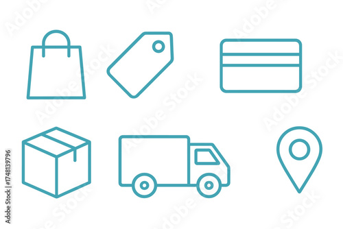Essential outline icons set for online shopping, payment, and delivery services