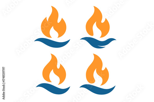 Abstract logo concepts featuring orange fire flame and blue wave shapes for energy and balance