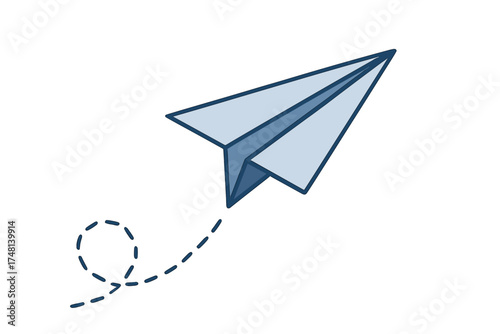 Stylized blue paper airplane soaring upward leaving a dashed line trajectory trail