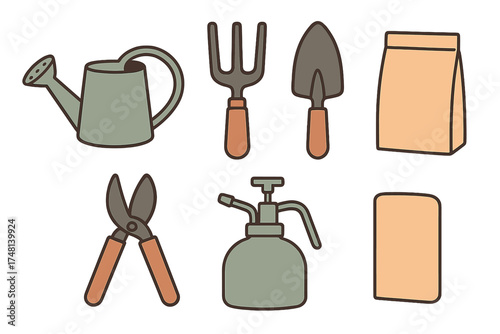 Collection of essential garden tools and supplies for planting and maintenance