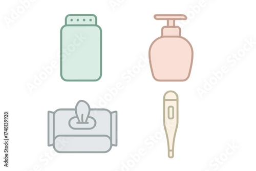 Minimalist set of baby care essentials featuring a pump bottle, wet wipes, thermometer, and powder container