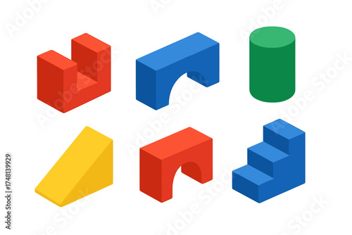 Colorful set of geometric shapes in isometric view including cylinder arch steps and wedge blocks