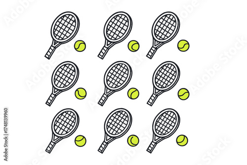 Seamless repeating pattern with outline tennis rackets and bright yellow tennis balls