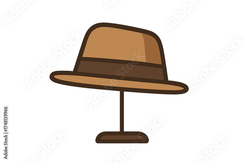 Classic brown fedora hat resting on a display stand against a white background