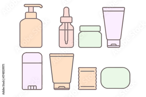 Minimalist cosmetic packaging set with lotion bottle, serum dropper, and cream jar