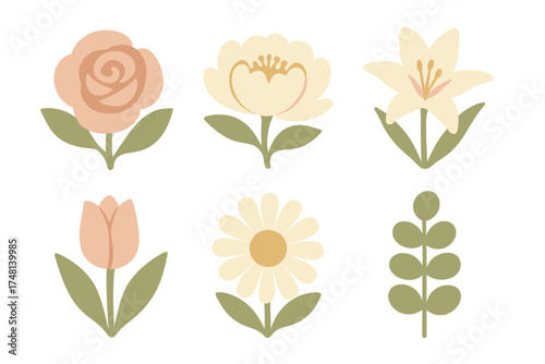 Six stylized pastel flowers and botanical elements in minimalist folk art style