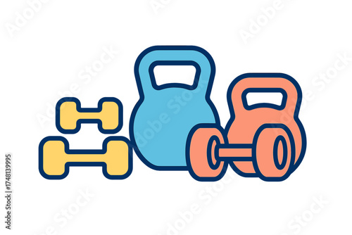 Colorful collection of fitness weights kettlebells and dumbbells for strength training