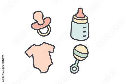 Newborn baby care essentials set including pacifier bottle and rattle