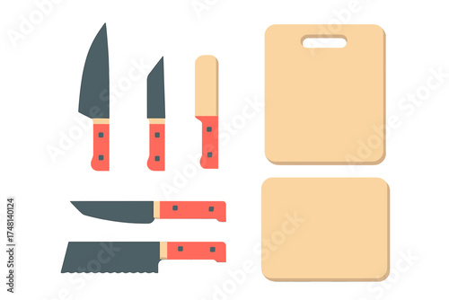 Essential kitchen cutlery set with various knives and two rectangular wooden cutting boards