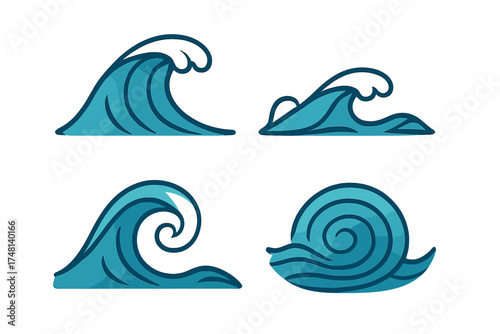 Set of four stylized blue ocean waves and powerful water movement graphic designs