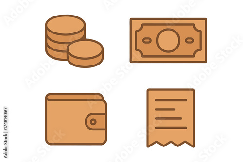Financial icons set showing stacked coins, paper money, wallet, and receipt symbols
