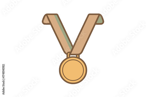 Simple gold medal hanging from a beige and green ribbon symbolizing victory and first place achievement