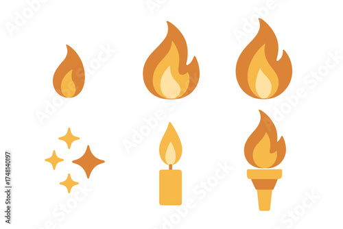 Set of stylized fire flames, burning candle, and torch symbols with decorative sparkles