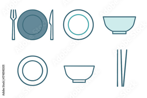 Set of outlined dining utensils and kitchenware including plates, bowls, fork, knife, and chopsticks
