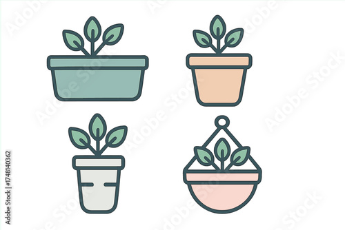 Four different indoor potted plants including a hanging planter in outline style