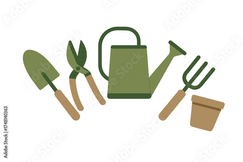Essential gardening tools set with watering can, trowel, pruning shears, and flower pot
