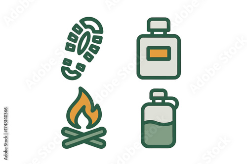 Outdoor adventure elements set featuring boot print campfire and water canteens