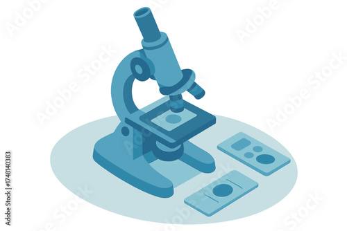 Isometric view of a modern laboratory microscope and glass slides used for scientific research and medical testing