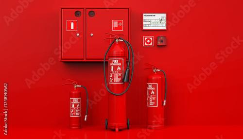 Fire safety equipment with extinguishers, hose cabinet, and evacuation plan on red wall - 3D rendering