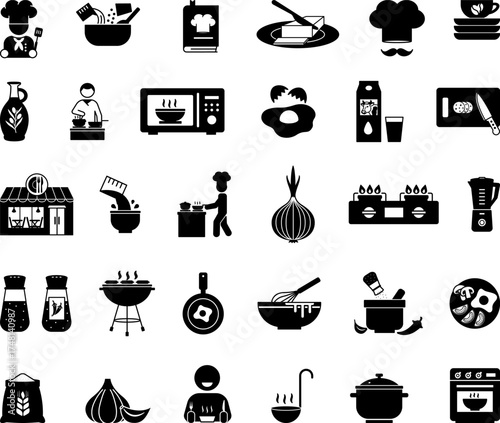 Black Cooking Icon Set. Vector Illustrations: Recipe, Chef, Ingredients, Food, Frying Pan, Oven, Utensils, Grill, Seasoning, Olive Oil, Butter, Milk, Flour, and More
