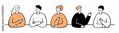 Hand Drawn Chatting people. Happy Diverse Group of People. Hand Drawn People Illustration.