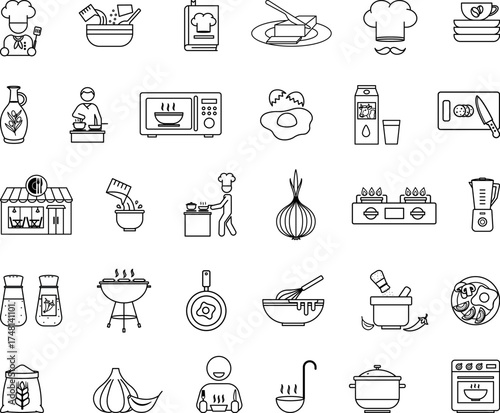 Cooking Icon Set. Vector Illustrations: Recipe, Chef, Ingredients, Food, Frying Pan, Oven, Cookware, Grill, Seasoning, Olive Oil, Butter, Milk, Flour, and More