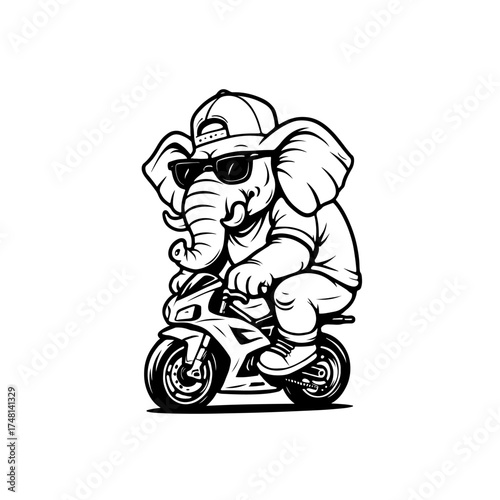 Cool cartoon elephant riding a motorcycle with sunglasses and hat