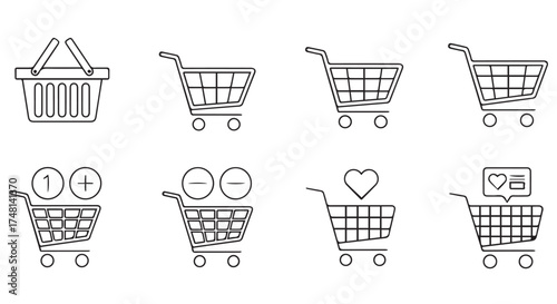 Collection of shopping cart and basket icons, isolated on transparent background