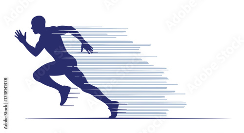 Dynamic silhouette of a runner in motion, with motion blur lines indicating speed and acceleration, isolated on transparent background