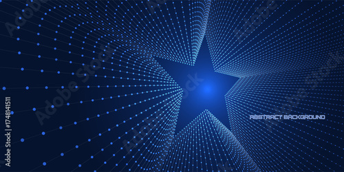 Futuristic rectangular tunnel of shining green point in dark background. Glowing points geometric tunnel. Abstract cyberspace background.