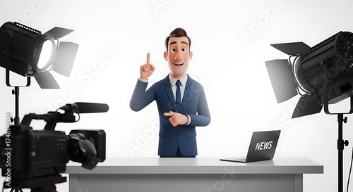 Animated News Reporter in Studio Pointing Upwards with Camera and Lights