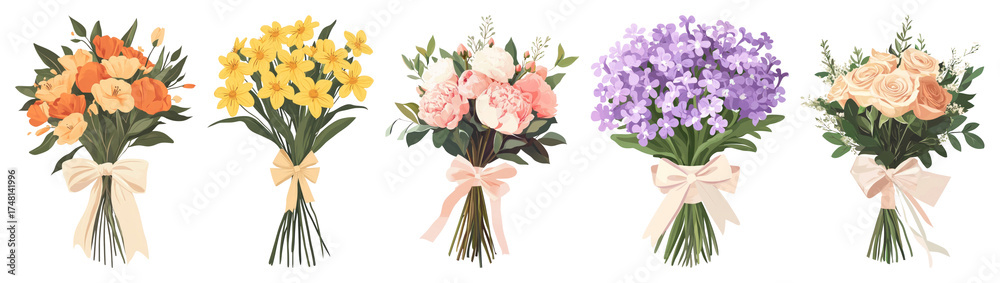 Obraz premium PNG Colorful floral bouquets with ribbons, element set on transparent background