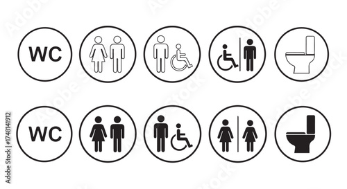 Collection of restroom signs including wc, male, female, accessible, and toilet icons isolated on transparent background