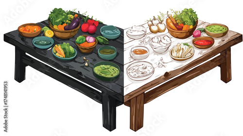Rustic Wooden Table with Vegetables and Dishes